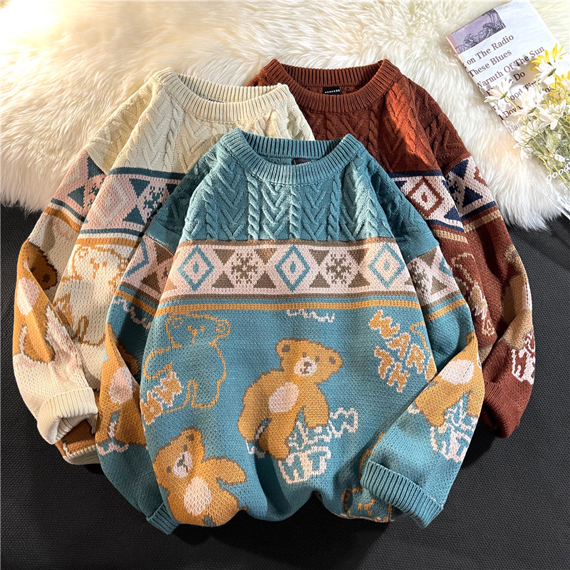 Autumn And Winter Christmas Sweater Couple Cute Bear Knitting Pullover Y2K Harajuku High Street Tops Clothes Oversize Sweatshirt