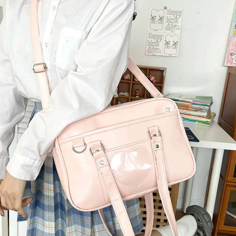 Women Jk School Handbag Large Capacity PU Anime Crossbody Transparent Love Heart Shoulder Uniform Bag For Shopping Commuting