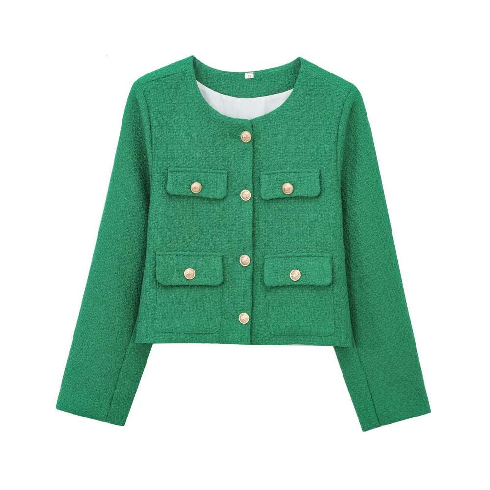 DHEssentials Z Women's Clothing 2025 Spring New Textured Shoulder Pads Round Neck Long Sleeve Little Chanel Style Jacket 1202416