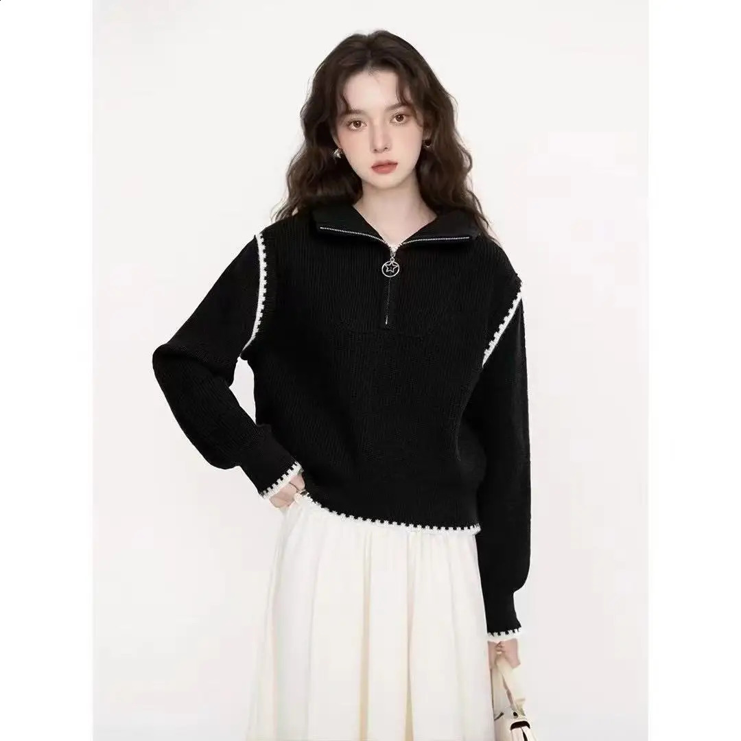 n Simple Grey Zipper High Neck Sweater Womens AutumnWinter Loose Knitted Korean Version Top Trendy 250911