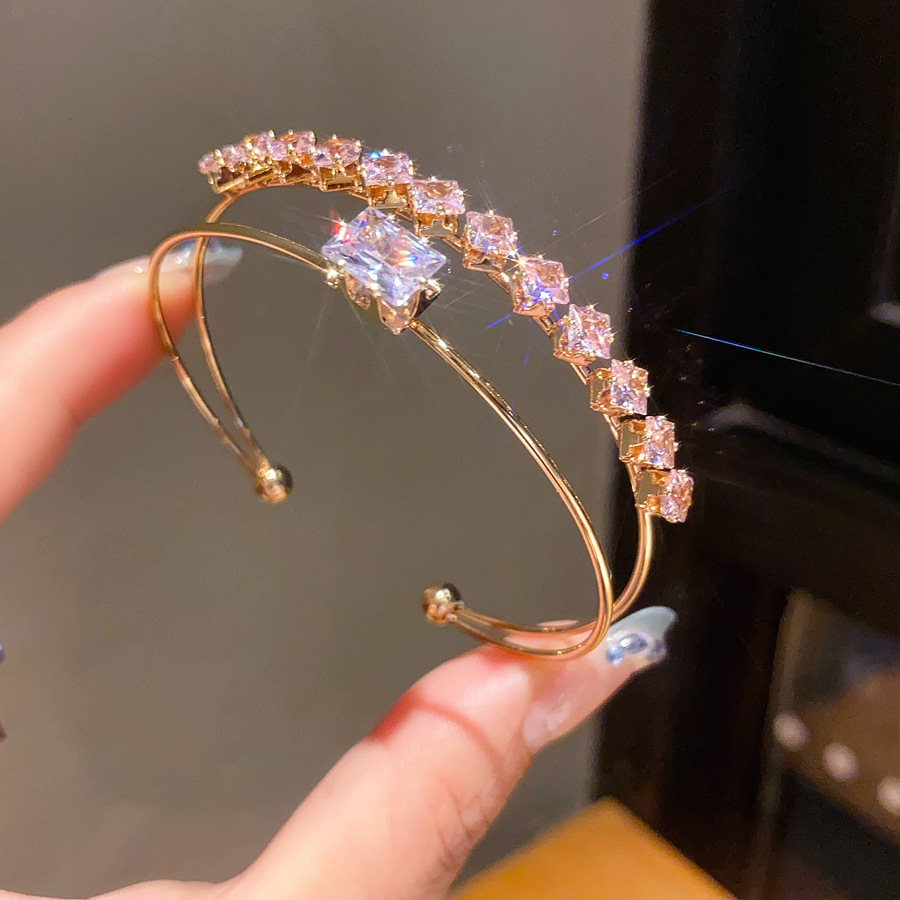 Gold - Toned Bangle With Pink & Clear Square Crystals, Statement Central Stone Design Delicate Daily & Glamorous Jewelry Gift For Her High - Quality A