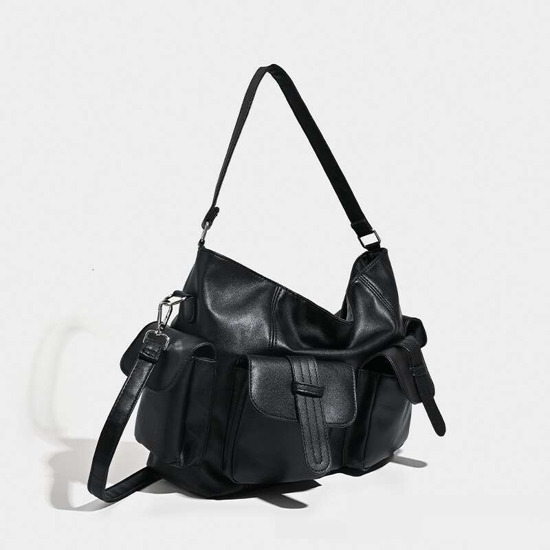 Large Capacity Messenger New PU Texture Trend Niche Design Underarm Handheld Black Solid Color Motorcycle Bag