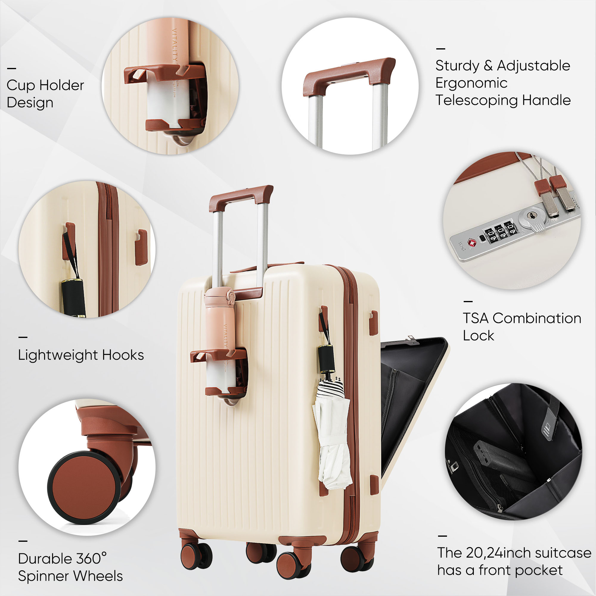 Front Opening 20-Inch Carry-On Luggage with Expandable Travel Bag Set, ABS Hard Shell Two-piece suitcase set with USB Port , Cup Holder, TSA lock