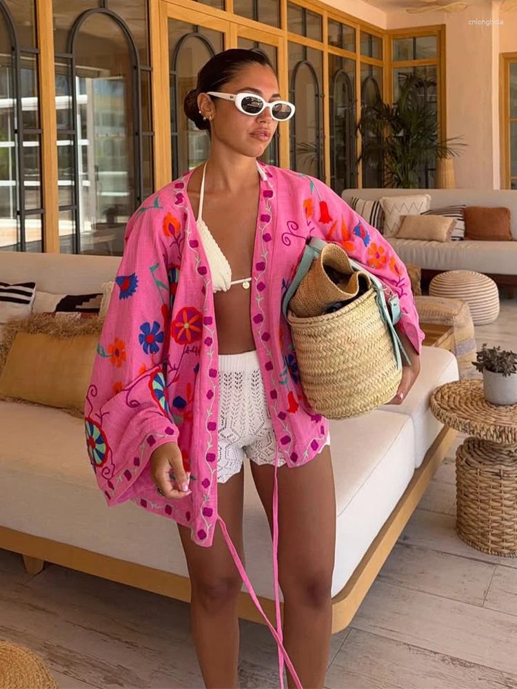Women's Jackets Pink Embroidery Lace Up Cardigan Woman Fashion V Neck Long Sleeves Loose Cotton Linen Coat Autumn Lady Vacation Street