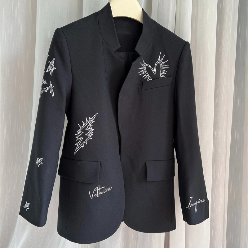 Women Stand Collar Coat Letter Stars HeartShaped Rhinestone Fashion Simple Early Spring Female Blazer 250910