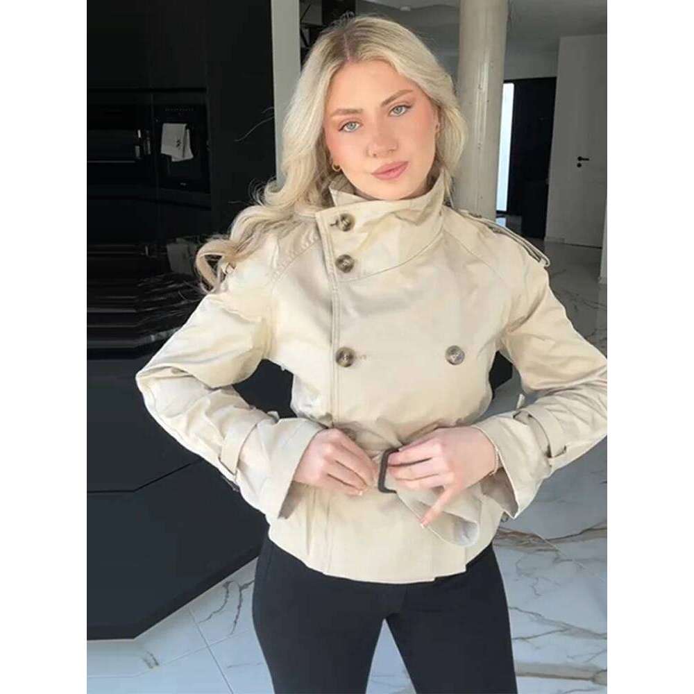 Spring Double Breasted Trench Coat With Belts Women Elegant Stand Collar Long Sleeve Jacket Office Lady Windbreaker Street Tops