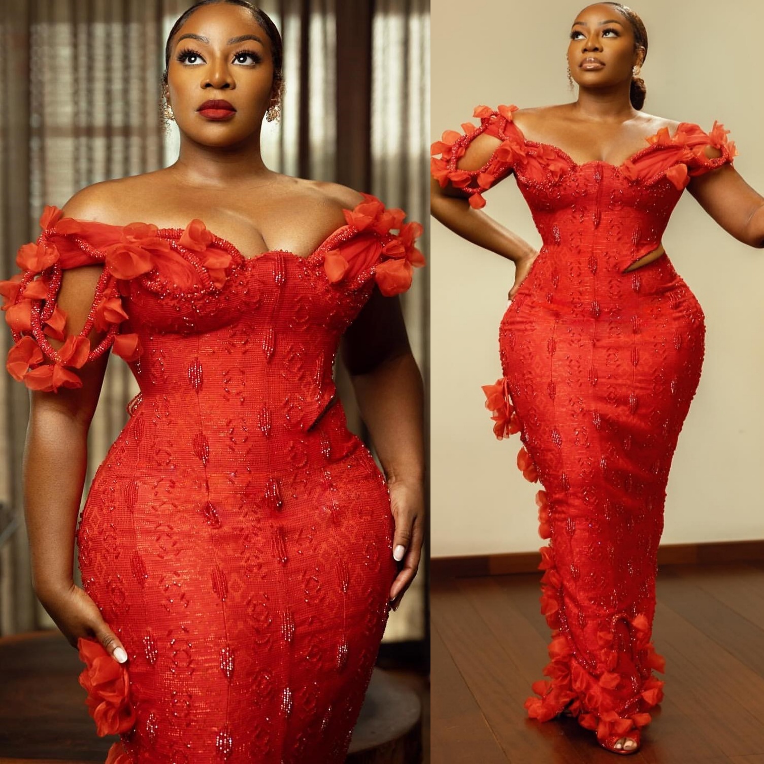 African Sheath Red Prom Dresses 2025 Beaded Flowers Off Shoulder Evening Formal Party Second Birthday Engagement Gowns Plus Size Dress For Special Occ