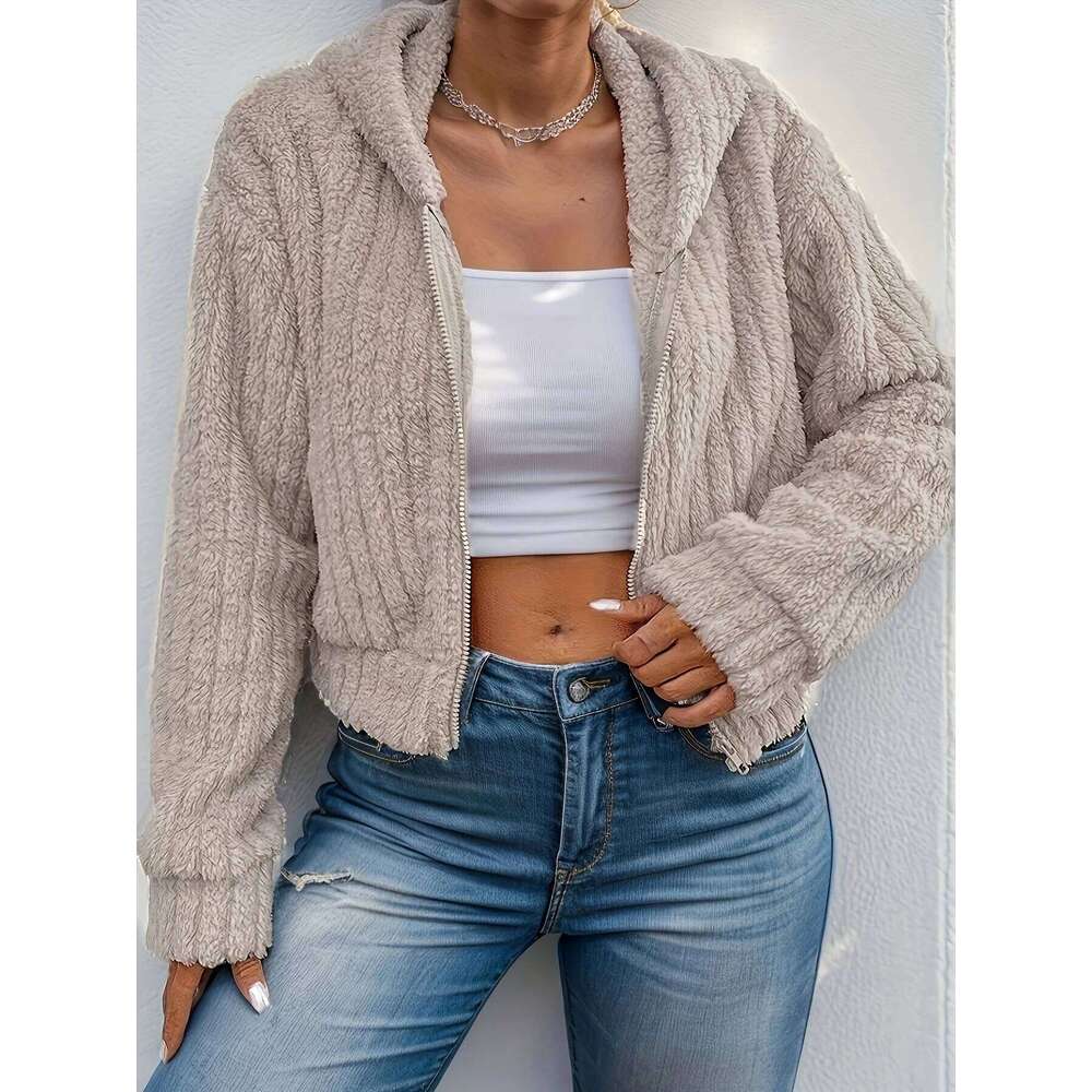 Elegant Faux Fur Zip-Up Hooded Jacket Women - 100% Polyester Solid Color Cozy Short Coat For Fall/Winter