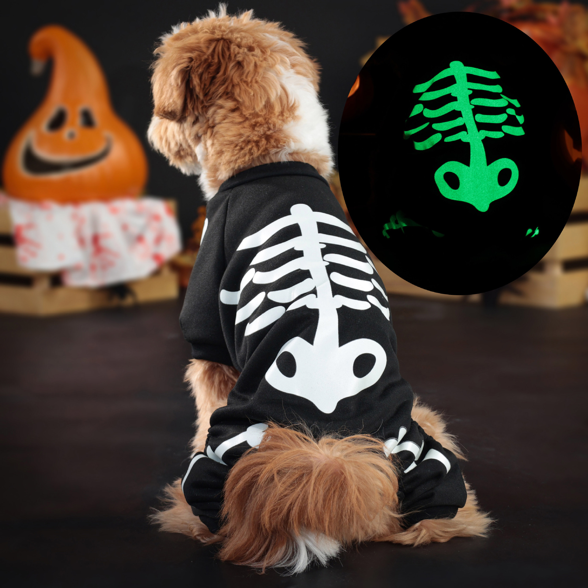Halloween Glow-in-the-Dark Skeleton Dog Onesie, Pet Jumpsuit with Luminous Skull Print, for Dogs 1.5-8kg, Perfect for Halloween Parties, Festive Event