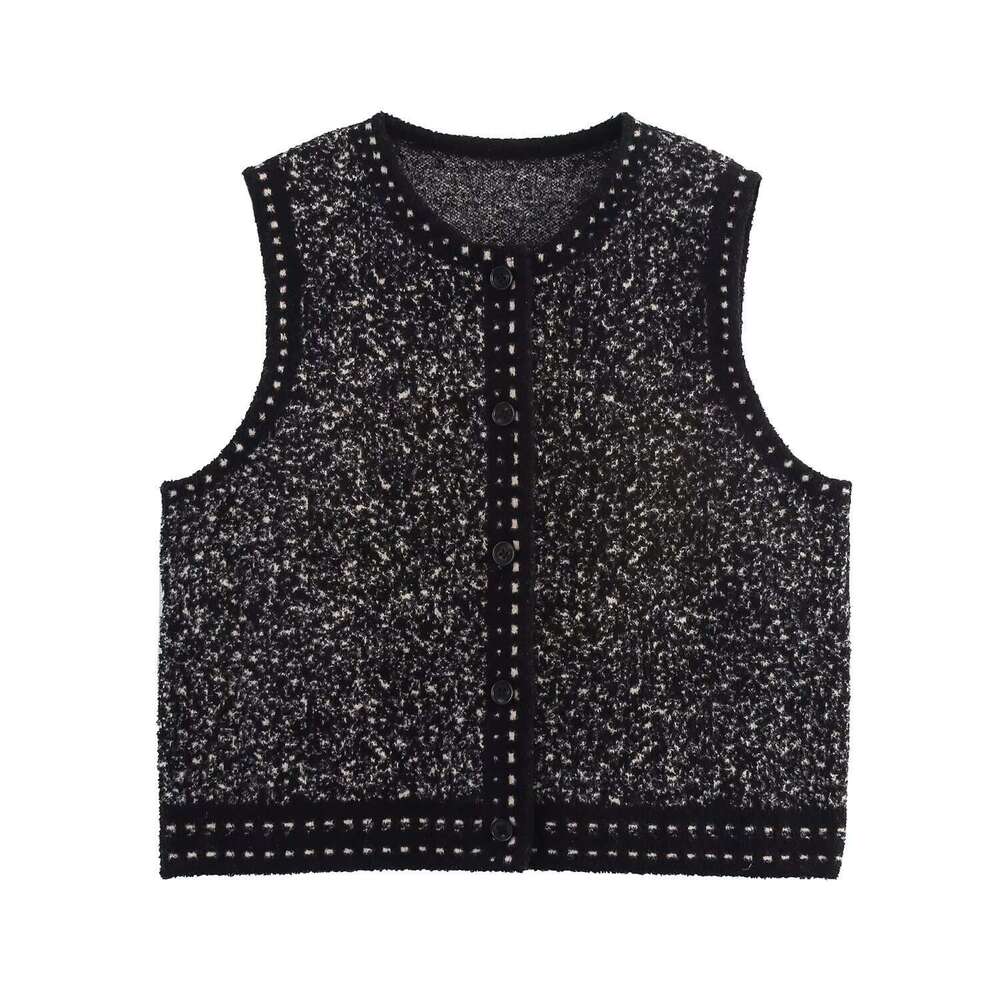 DHEssentials 2025 Autumn New Women's Fashion Color-Block Stitching Chanel Style Knitted Cardigan Vest