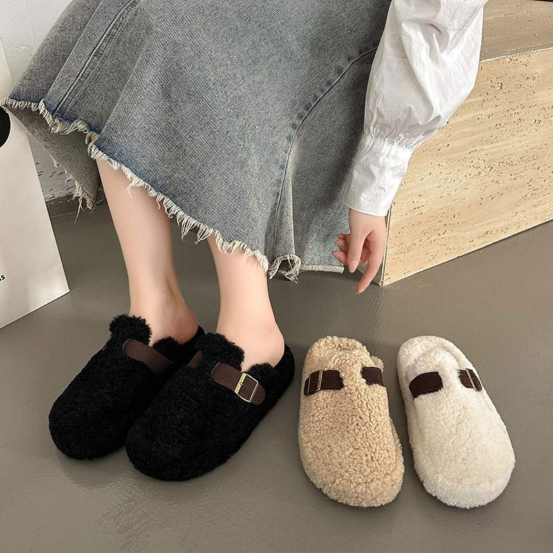 New designer shoes for women's fur leather shoes, winter plush lazy half toe slippers, outdoor new autumn and winter cotton thick soled shoes