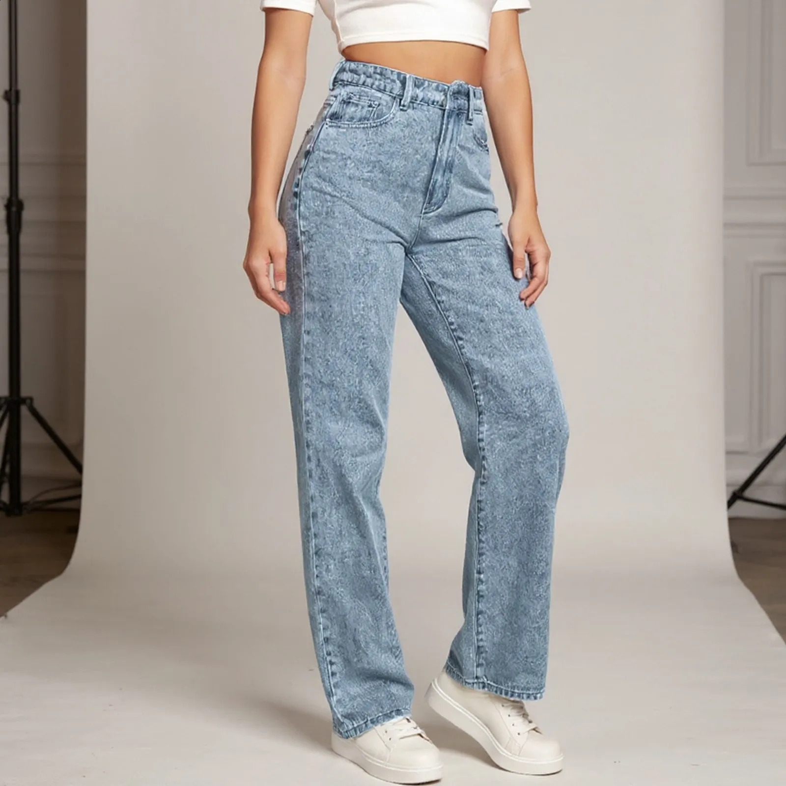 WomenS Straight Jeans Solid Color Distressed High Waist n Retro Trousers American Girl Style Pants Daily Street Wear 250911