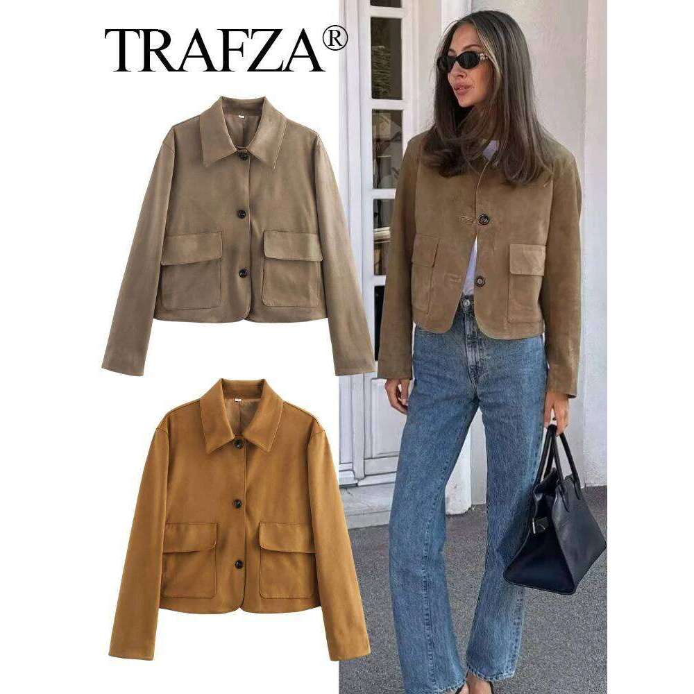 TRAFZA Vintage Women's Solid Suede 2025 Long Sleeve Pocket Single Breasted Female Crop Jacket Lady High Street Outerwear