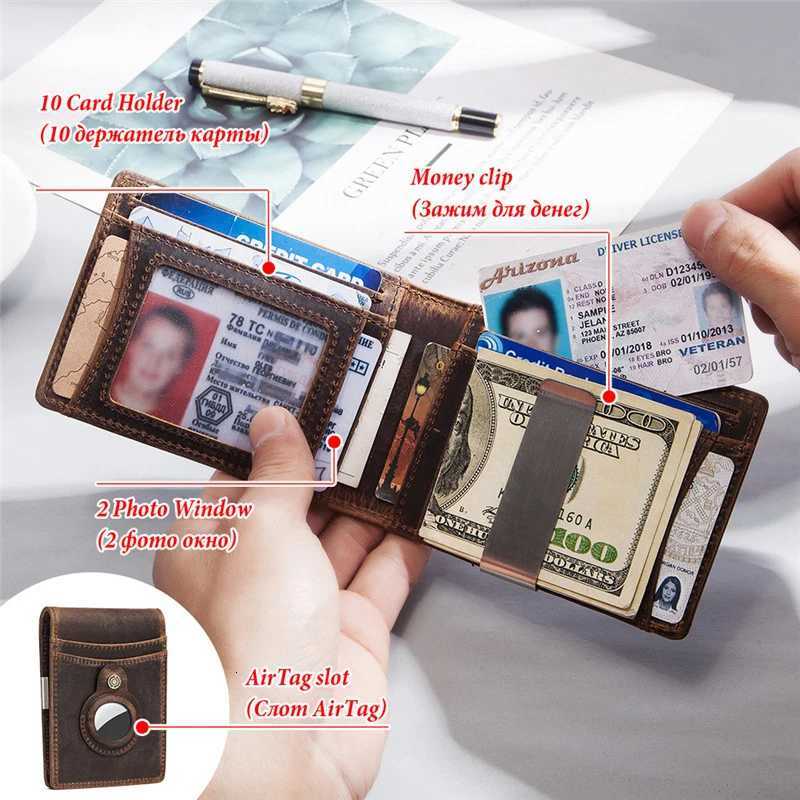 YKOSM Retro Luxury Genuine Leather Airtags Wallet RFID Blocking ID Credit Card Bag Business Men Cash Clip Antilost Card Holder W250911