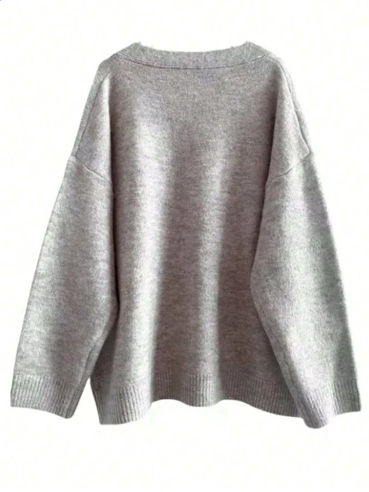 Casual Loose Womens Pullover Daily Versatile V Neck Pure Color Simple Autumn and Winter Warm Plus Size Sweater 250911