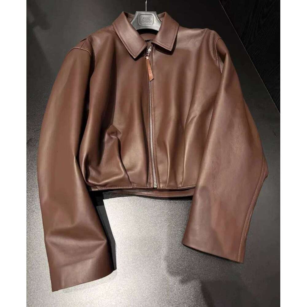Natural Jacket For Women Lambskin Bomber Biker Jacket Long Sleeves 100% Sheepskin Leather Coat Folded Short Tops Woman