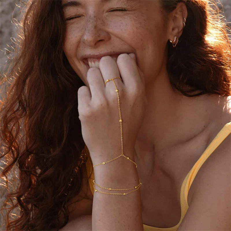 Minimalist Thin Chain Connected Finger Ring Bracelets for Women Multilayer Vintage Ball Beads Link Bangles Party Elegant Jewelry 250910