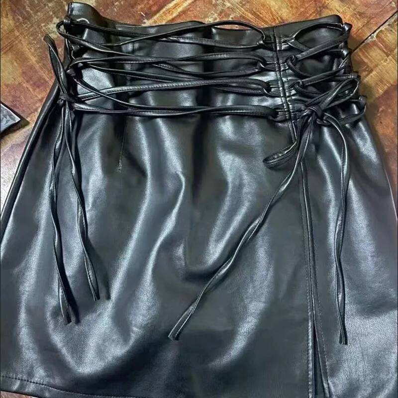 Black Leather Mini Skirts Women Gothic High Waist Slim Fit Lace Up Pencil Female Sexy Club Back Zipper Split Bag Hip Skirt dongdumaoyi