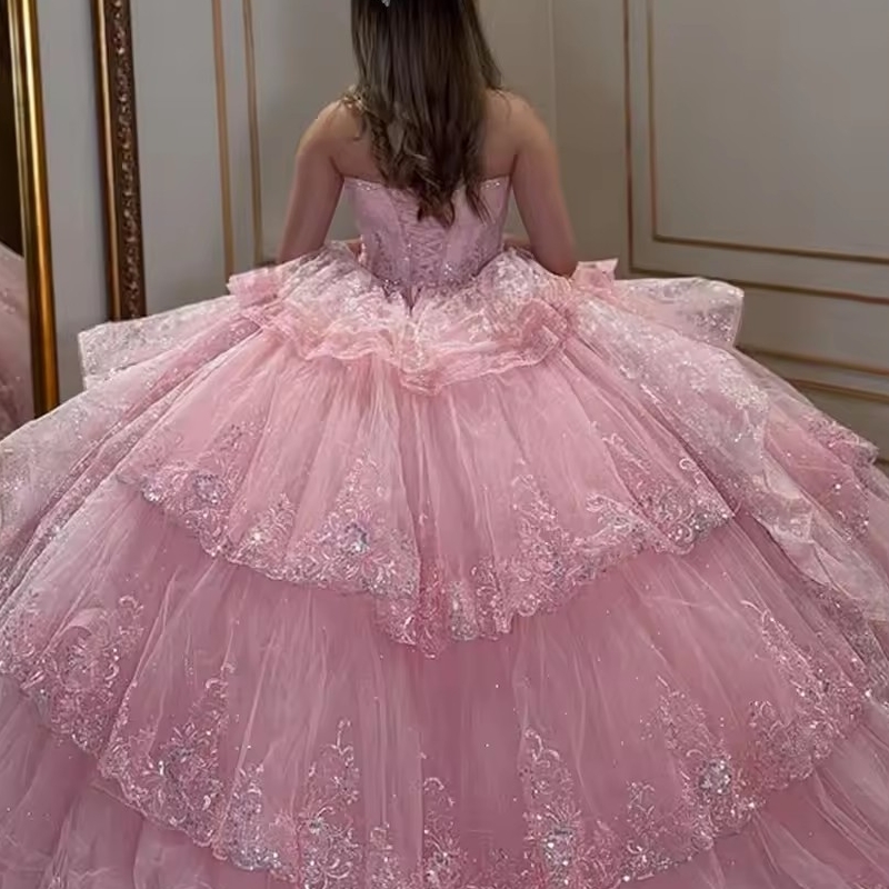 Pink Shiny Beaded Quinceanera Dresses Ball Gown Appliques Lace Party Birthday Sweet 16 Dress Vestidos De 15 Anos