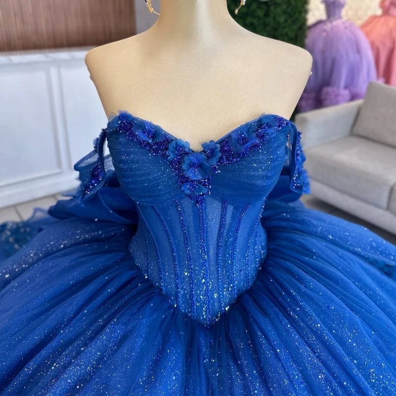 Royal Blue Quinceanera Dresses Ball Gown Off The Shoulder Applique Flower Beads Bow Tull Corset Party Birthday Sweet 16 Dress Vestidos 15 De Anos