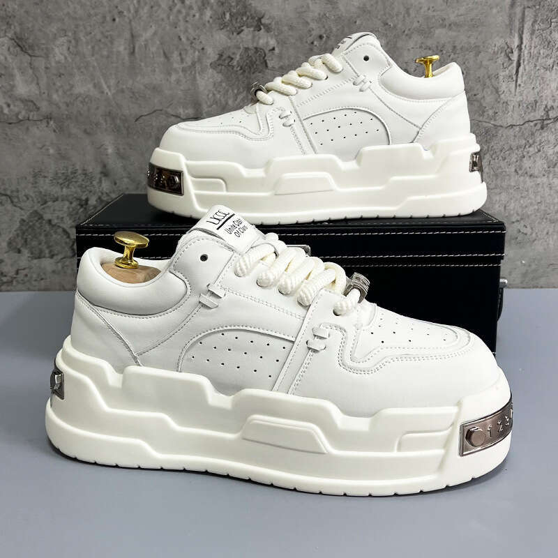 Men's Design White Thick Sole Trendy Sneakers Versatile Height-Increasing Loafers Fashionable Casual Shoes