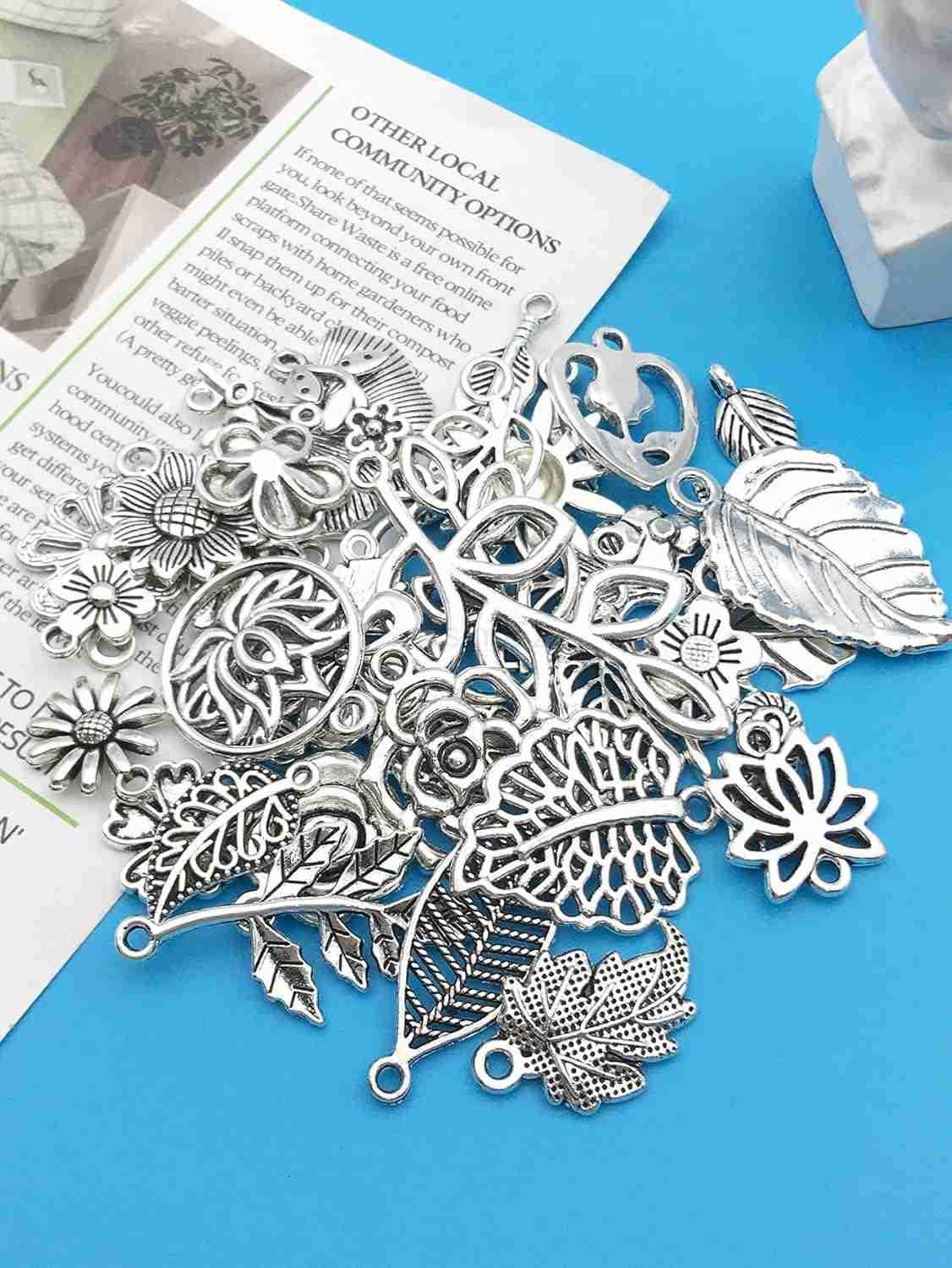 80pcs Alloy Silver Plant Leaf Small Flower Set Series Pendant Jewelry Making DIY Keychain Earrings Pendant Various Design Charms for Jewelry Making Br