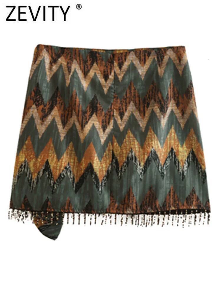 Zevity Women Vintage Geometric Print Knotted Mini Sarong Skirt Faldas Mujer Female Beading Tassel Casual Zipper Vestidos QUN1436 dongdumaoyi