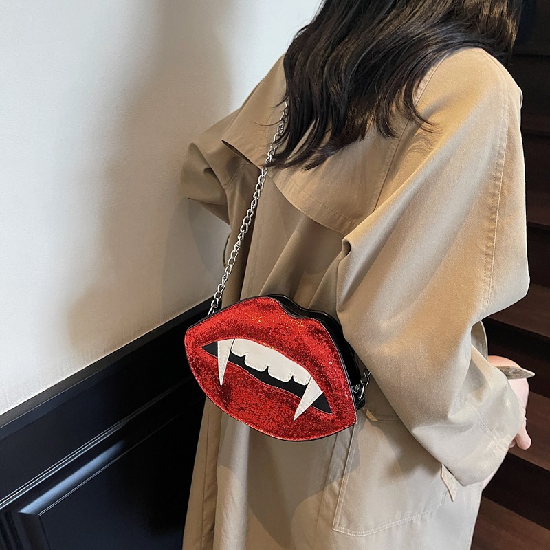 Halloween Autumn New Red Lips, Sharp Teeth, Personalized Style, Niche Design, Trendy Fashion, Women's Shoulder Bag, Designer Bag