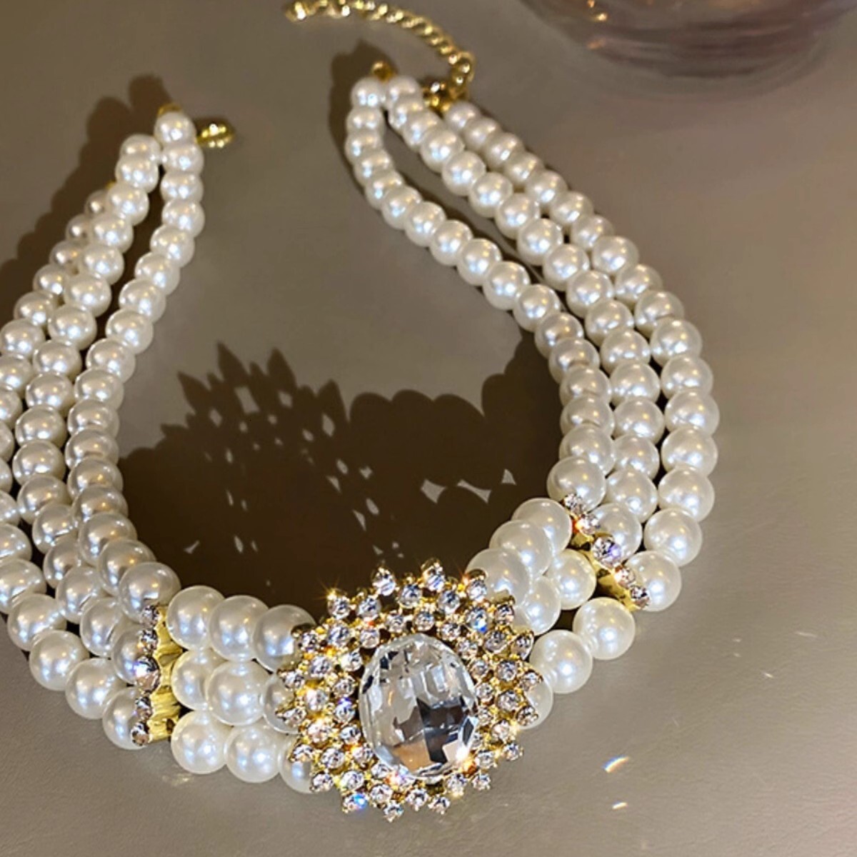 Luxury Brand Designer Jewelry Artificial Crystal Inlaid Diamond Multi-Row Artificial Pearl Necklace European And American Exaggerated Elegant Short Ch