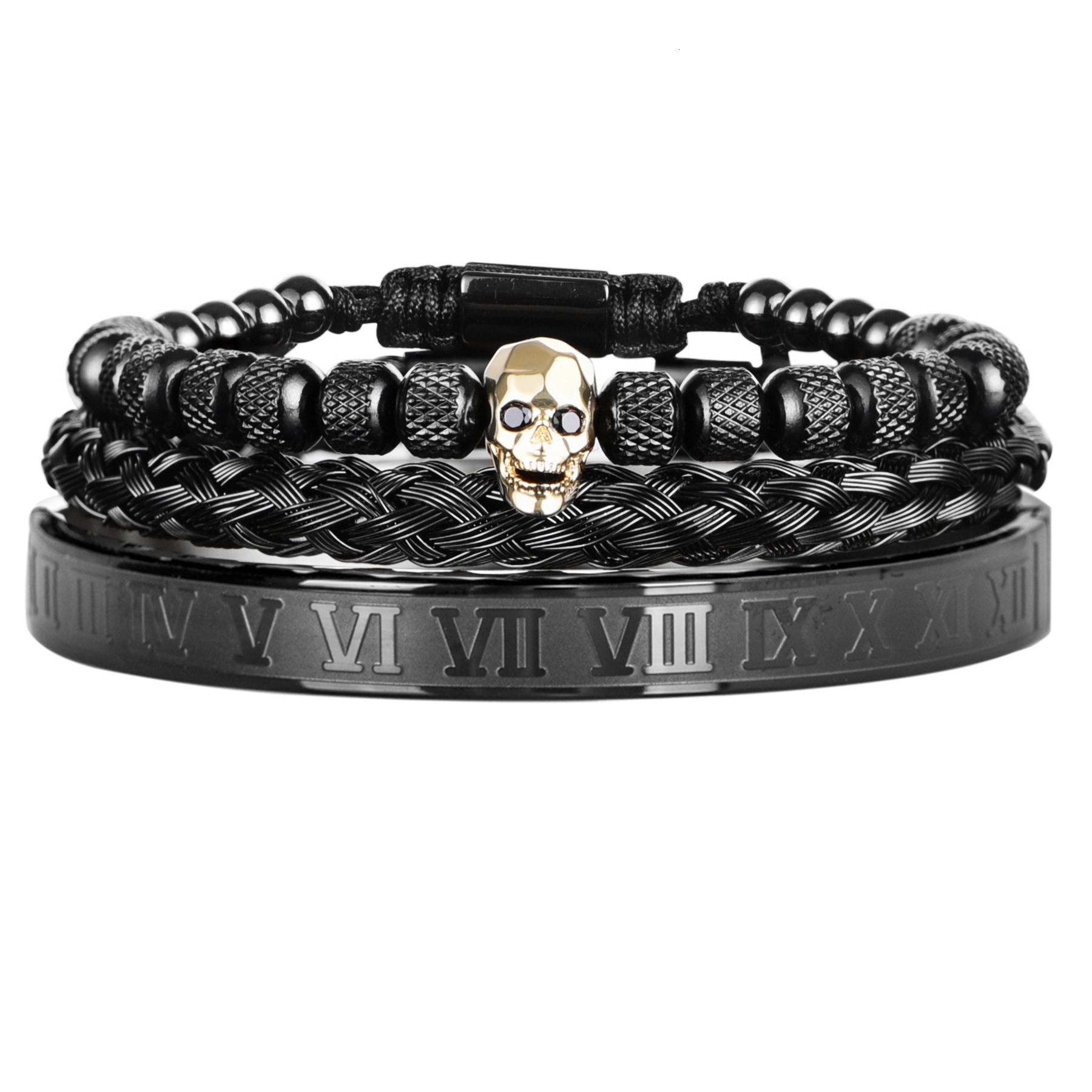 Cut Faced Ghost Head Braiding Bracelet Set Stainless Steel Dripping Roman Numeral Twist Bracelet for Men
