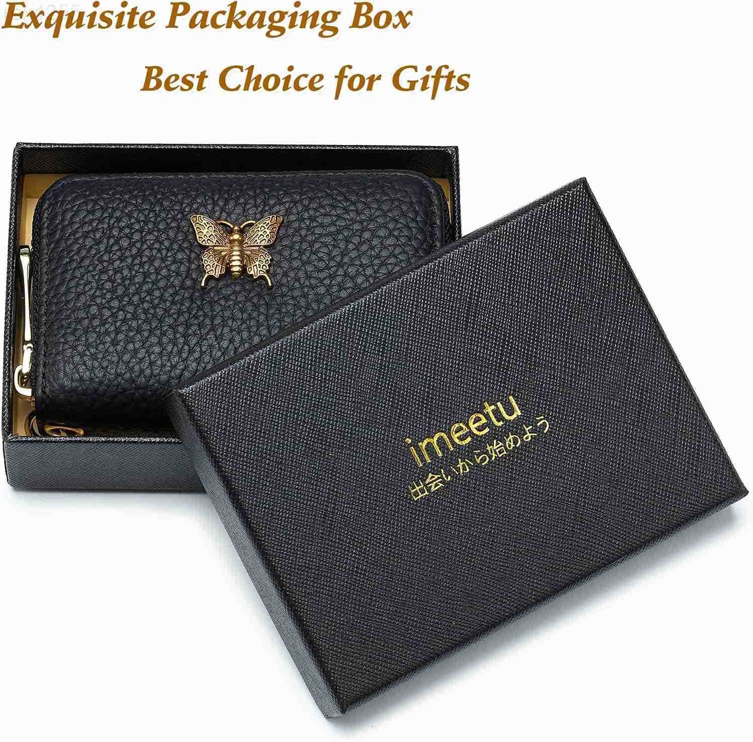RFID Credit Card Holder for Women Genuine Leather Card Case Wallet with Zipper and Removable Keychain BlackW250911