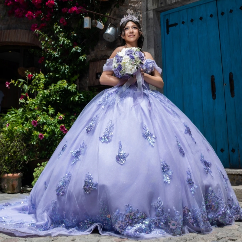 Lavender Shiny Ball Gown Quinceanera Dresses Off The Shoulder Sequin Applique Lace Beading TTull Party Birthday Sweet 16 Dress Vestidos 15 De Anos
