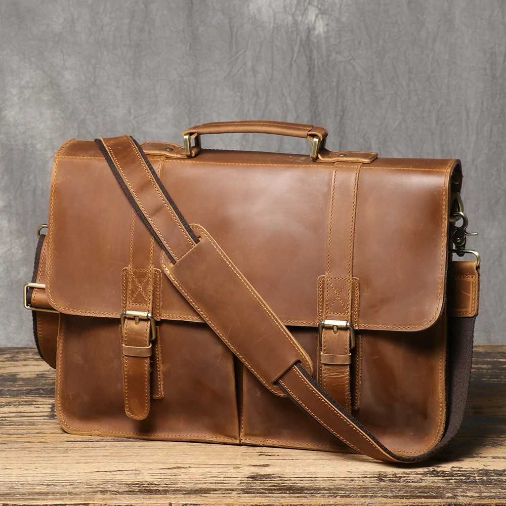 Briefcase Crazy Horse Leather Mens Cowhide Shoulder Crossbody Bag Large Capacity Genuine Leather Laptop Bag Z250906