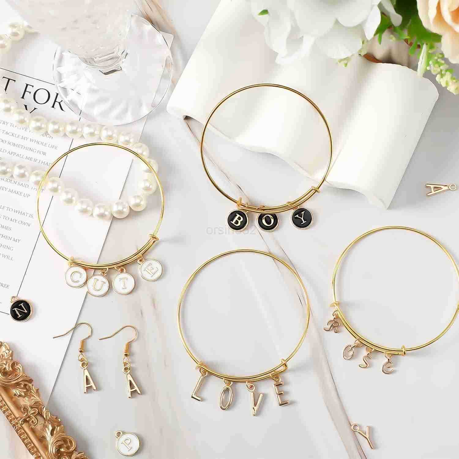 156Pcs6 Sets Letter Charms Letter Charms 3 Styles AZ Initial Alphabet Metal Charms with 200Pcs Open Jump Rings for Earrings Necklace Jewelry Making KW