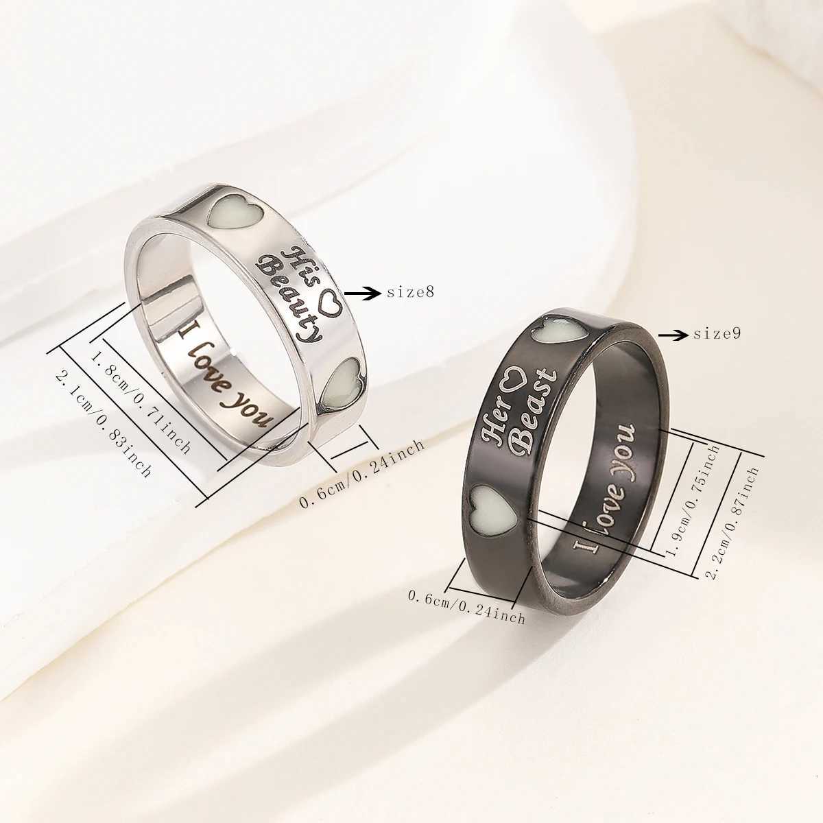 2 piecessets of luminous heart simple Heart his beauty her beast couple Rings Ladies fashionable love Promise rings W250911