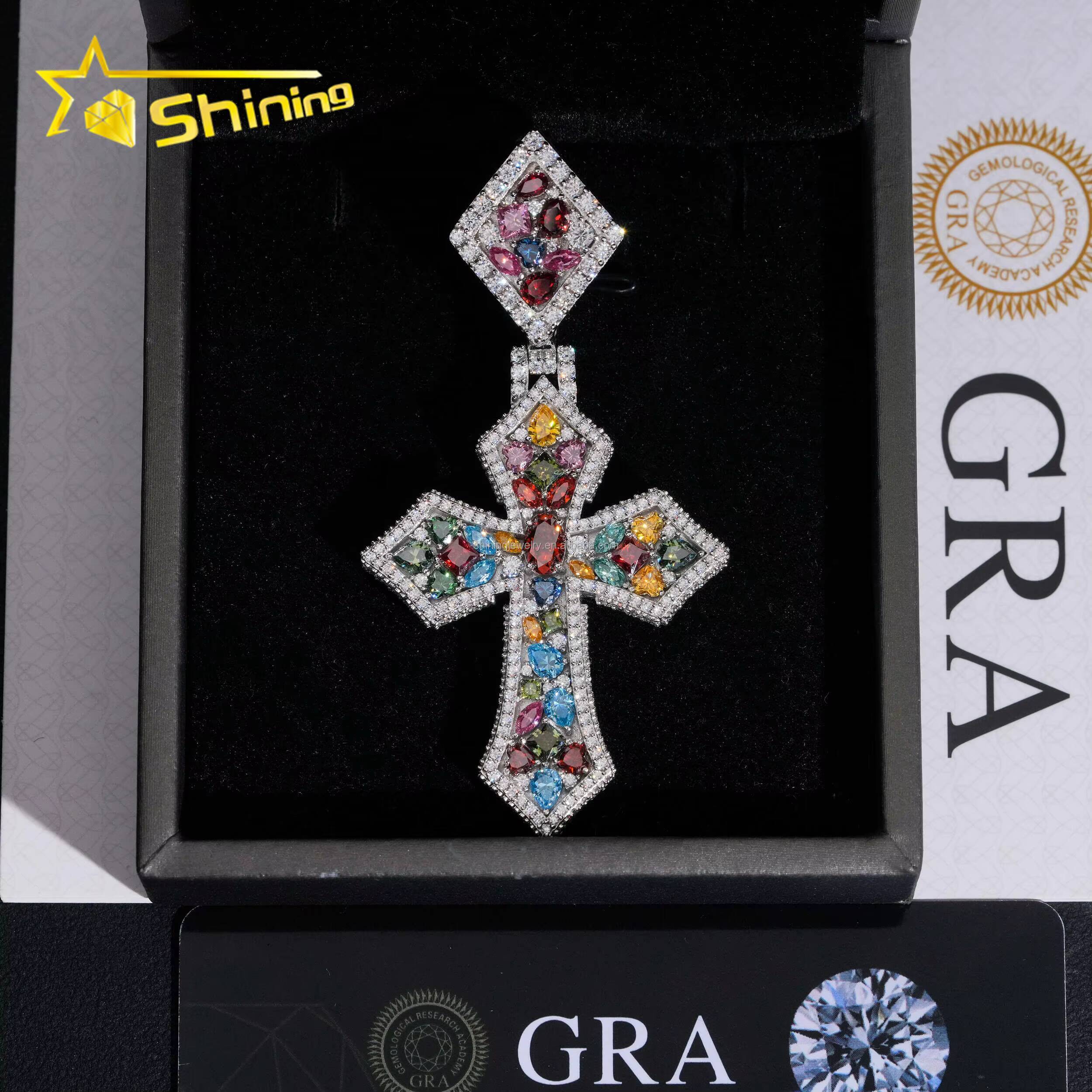 New Arrivals Unique Design High End Hip Hop Rapper Jewelry Multi Color Moissanite Diamond S925 Silver Iced Out Man Cross Pendant