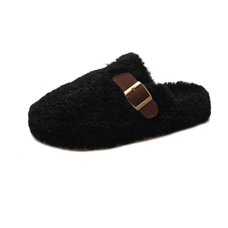 New designer shoes for women's fur leather shoes, winter plush lazy half toe slippers, outdoor new autumn and winter cotton thick soled shoes