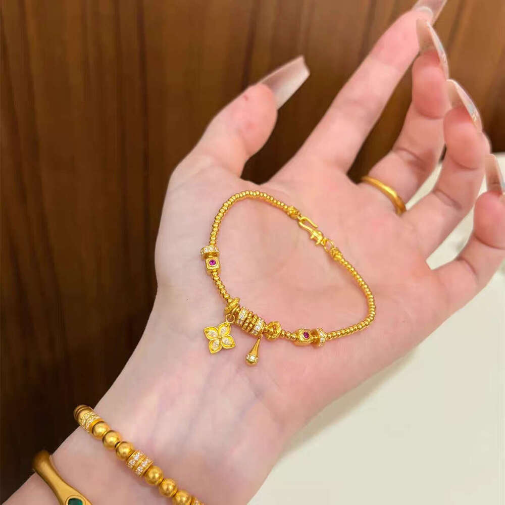 Gold-Plated Imitation Four-Leaf Clover Water Drop Gold Bead Bracelet for Women Light High-End Feel Long-Lasting Jewelry