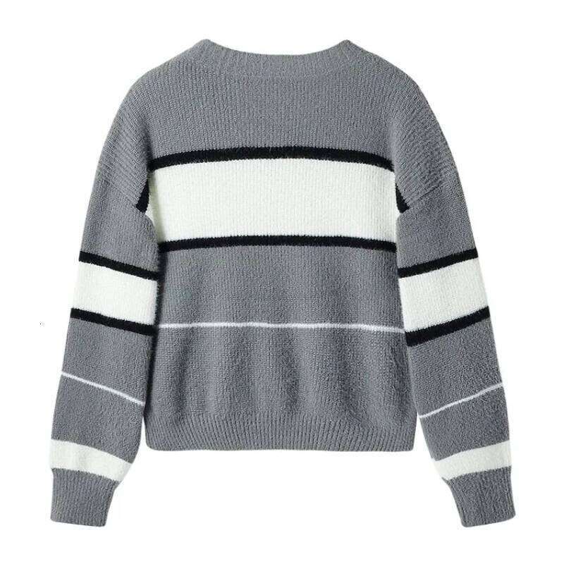 Fashion Casual O-Neck Long Sleeve Knitted Pullovers Hit Color Striped Patchwork Short Slim Sweaters Tops Women's Clothing