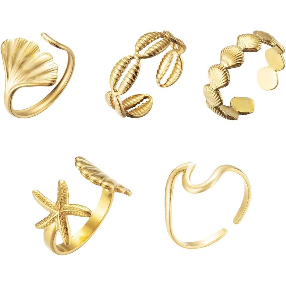5PCS Beach Surfer Starfish Gold Dainty Seashell Wave Stacking Rings Summer Jewelry for Women Girl