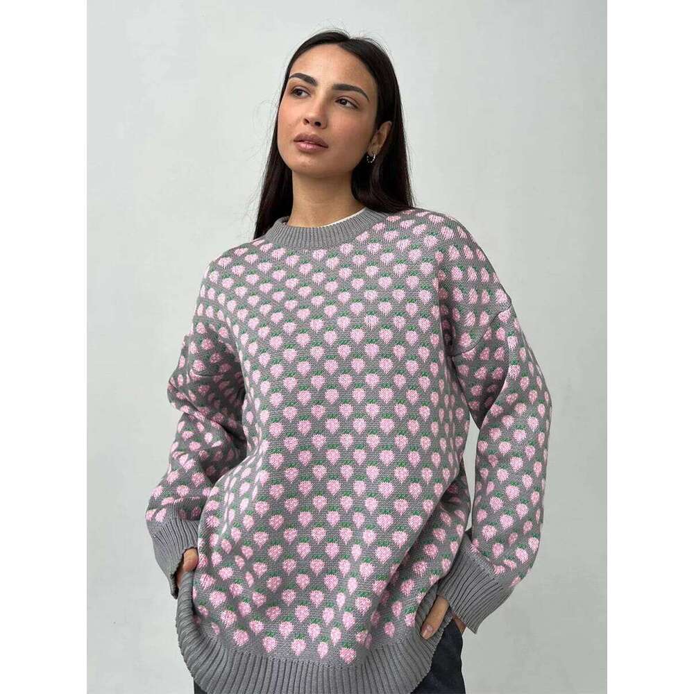Blubelle Women's O - Neck Pullover Knit Sweater Loose Fit Soft Strawberry Print Oversized Cozy Autumn Winter Casual Pullovers