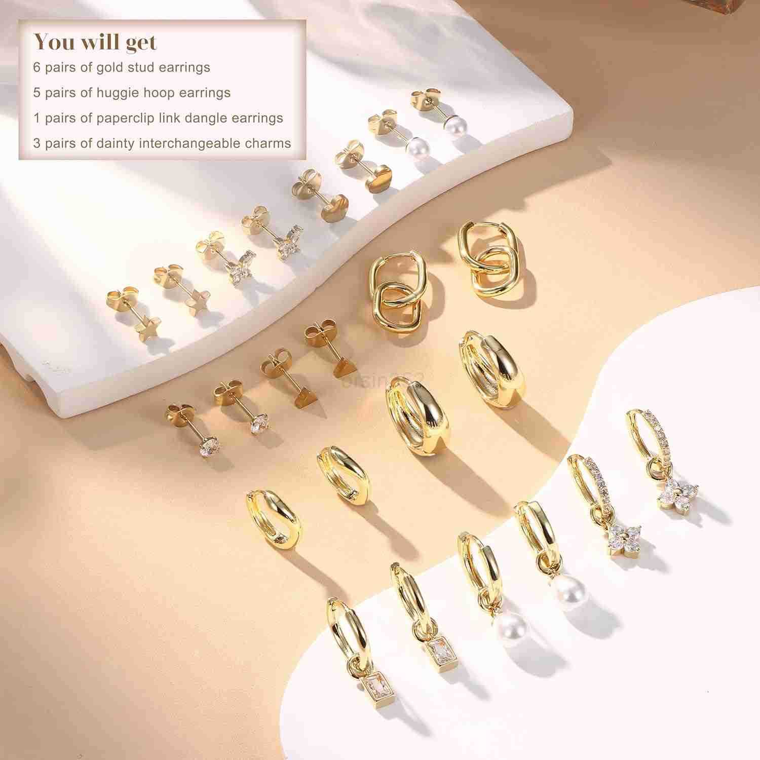 Small Gold Hoops Earrings for Women 14K Gold Plated Huggie Hoop Earrings Lightweight Hypoallergenic Stud Earrings Set with Cubic Zirconia Pearl Charm 