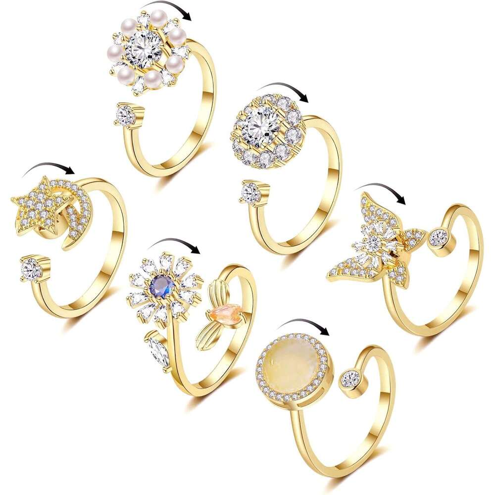 6Pcs 14K Gold Plated Women, Adjustable Spinner Ring, CZ Butterfly Bee Moon Star Fidget Rings Anxiety Stress Relief for Women