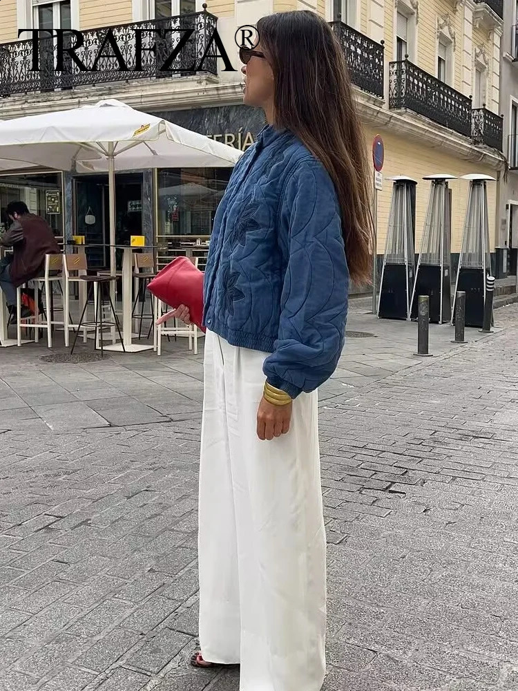 TRAFZA Fashion Women Quilted Cotton Jacket Autumn Female Long Sleeve y Padded Short Coats Lady High Street Outwear 250923