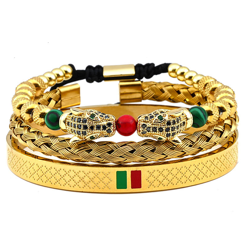 Luxury Brand Designer Jewelry Stainless Steel Double Leopard Head Natural Stone Braided Bracelet Fashion C-Shaped Titanium Steel Bracelet Set for Wome