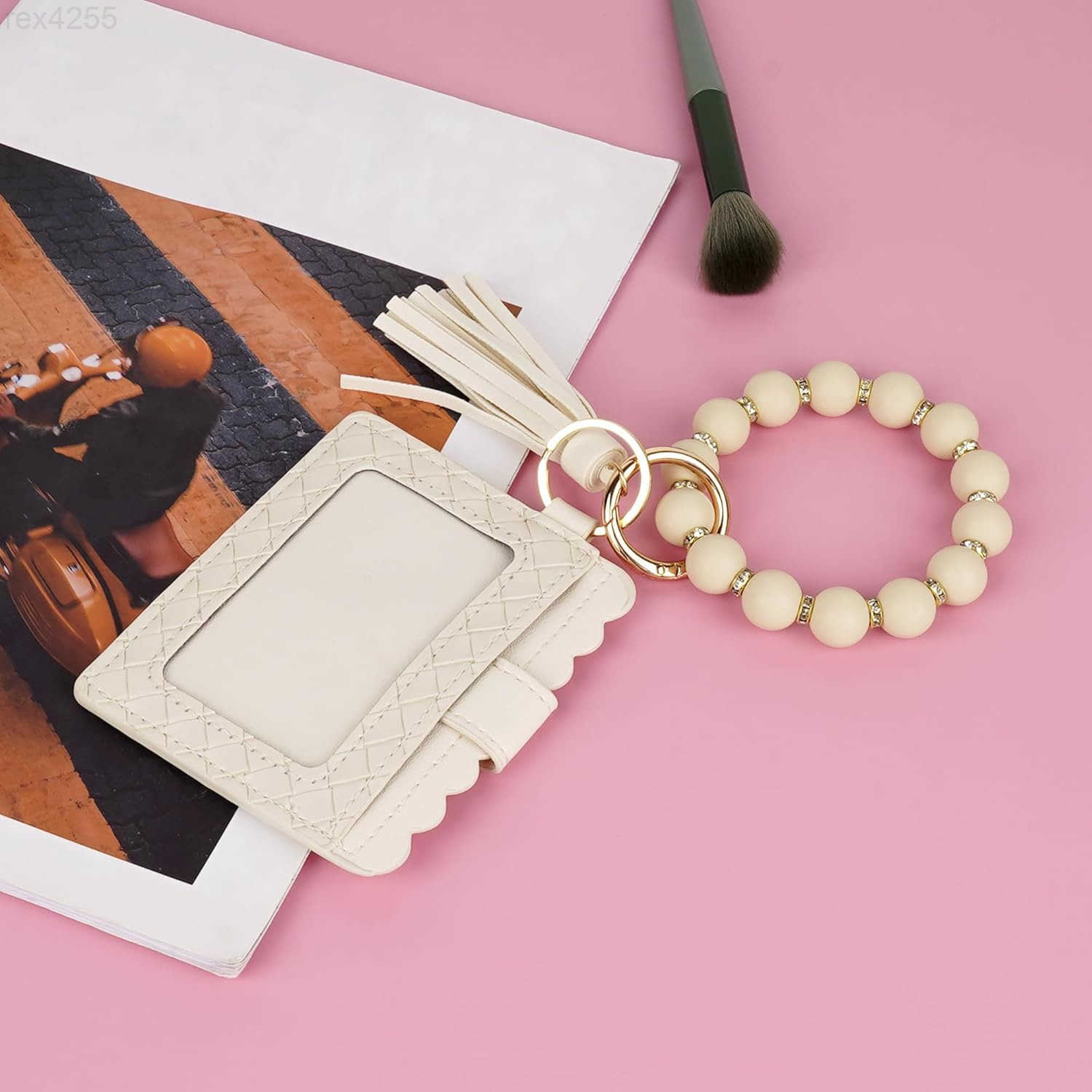 Wristlet Keychain with Wallet for Women Small Beige RFID Blocking Card Holder Keyring Charm with TasselW250911