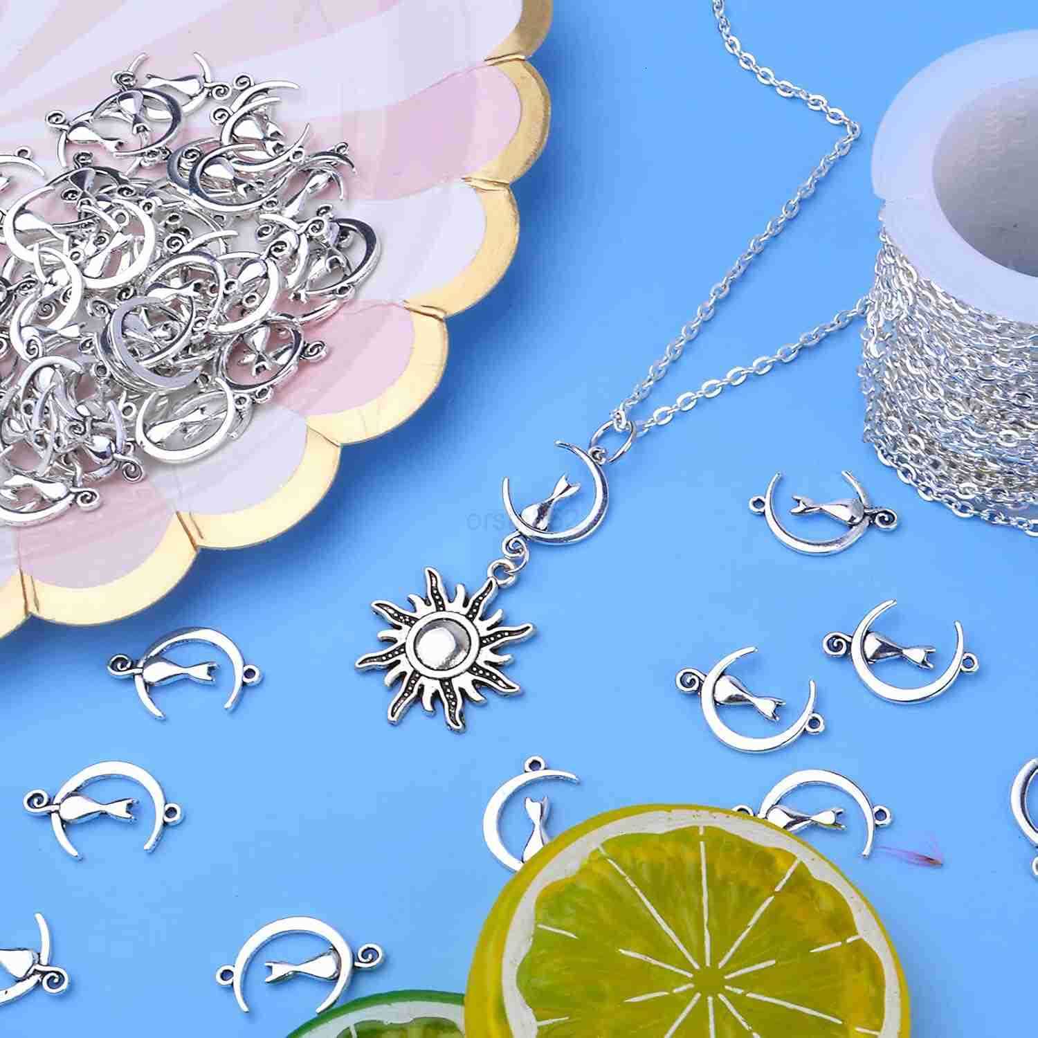 100pcs Cat in The Moon Charms Alloy Celestial Pendants Craft Supplies for DIY Earrings Necklace Jewelry Making Christmas Birthday Party Gifts 21 mm x 