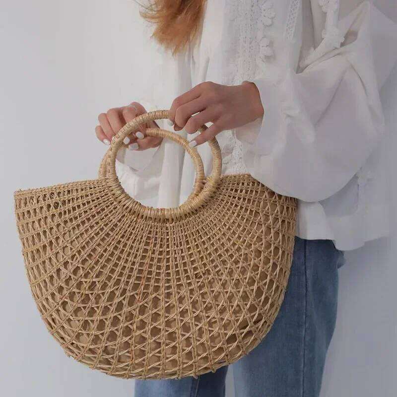 Summer Boho Rattan Large Capacity Eco-Friendly Handbags Retro Semi-Circle Top-Handle Casual Tote Bag Hollow Out Beach Bags
