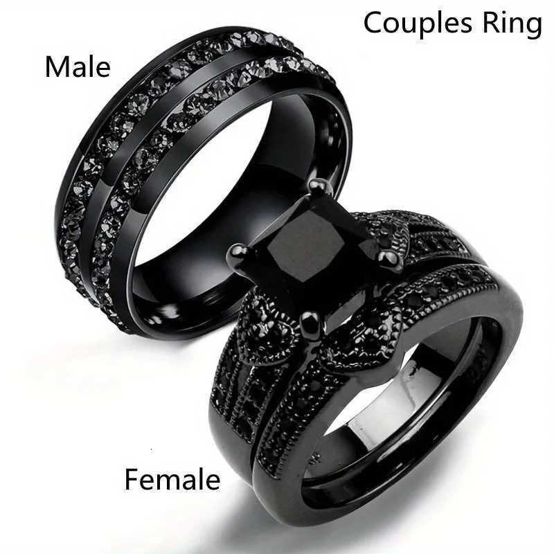 Fashion Couple Rings Women Black Heart Crystal CZ Rings Set Mens Two Rows Black CZ Stone Stainless Steel Ring Wedding Jewelry W250911