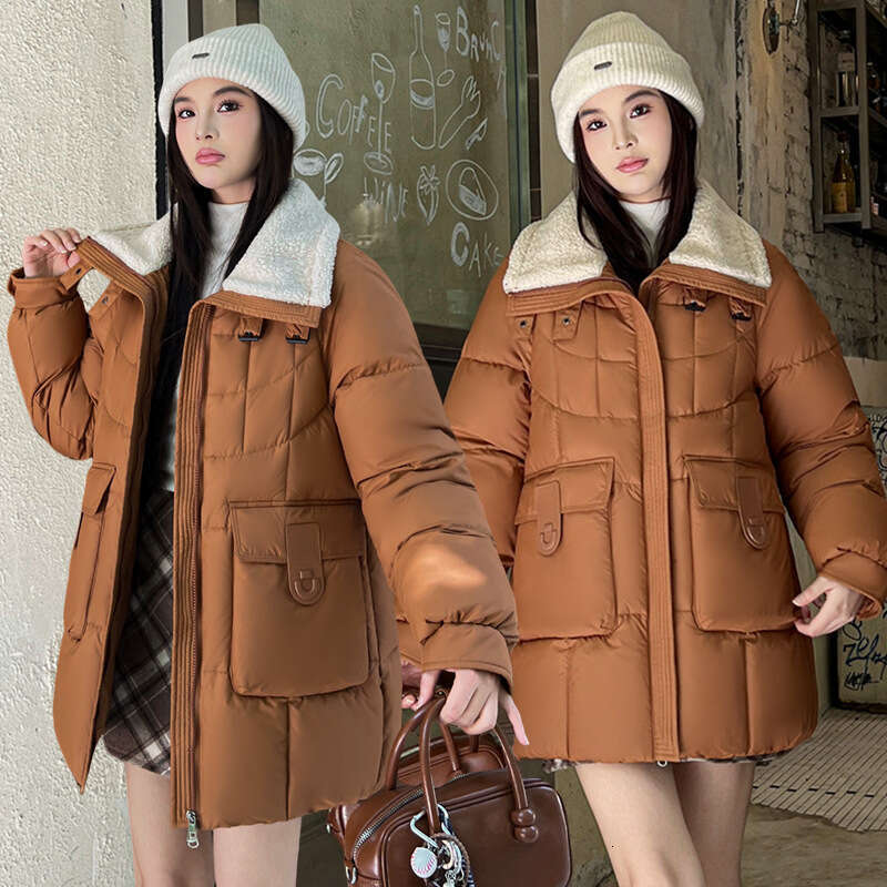 Winter Korean Style Loose Slimming Thickened Down Jacket for Women, Mid-Length Lamb Wool Spliced High Collar Cotton Coat